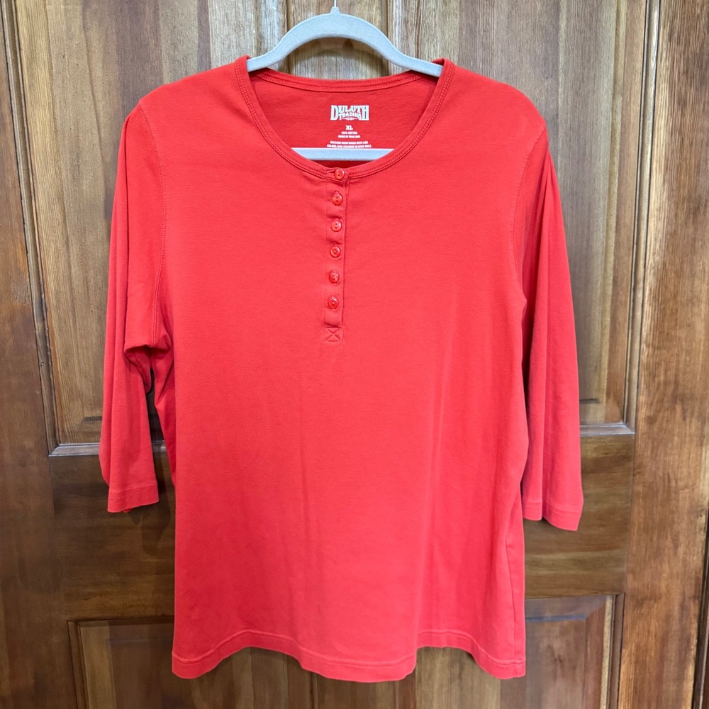 Duluth Trading Co Womens XL Orange 100% Cotton 3/4 Sleeve Henley Top Shirt